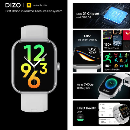 DIZO WATCH D PRO WITH CALLING,D1 CHIPSET,OS,1.85 INCH DISPLAY (Grey Strap, Regular)
