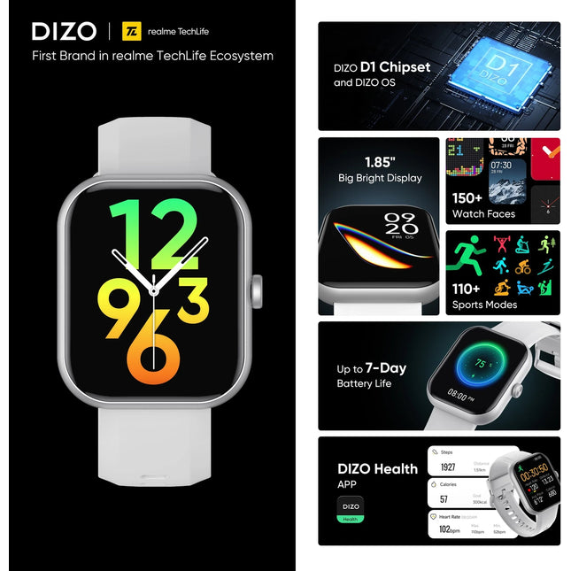 DIZO WATCH D PRO WITH CALLING,D1 CHIPSET,OS,1.85 INCH DISPLAY (Grey Strap, Regular)