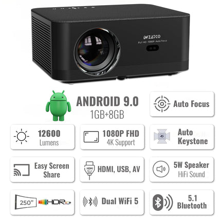 WZATCO Neo (12600 lm / 1 Speaker / Wireless) Fully Automatic, Full HD Native 1080P, 4K HDR Android, HDMI ARC, Dual Wifi & BT, YouTube, Netflix, Prime & more Projector (Black)