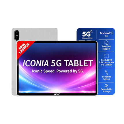 Acer Iconia 5G Tablet|11.45" 2.2k”90Hz IPS Display, MediaTek 8791 Processor, 8GB RAM + 128GB Storage, 16MP Rear+8MP Front Camera,Wi-Fi + 5G Volte, Android 15,BT 5.2, Slim Metal Body