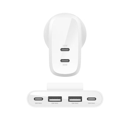 Belkin 60W (30W + 30W) Two Ports USB -C PPS Fast Charging Wall Charger,2M Extender with 4-Port (2 USB -C & 2 USB-A),Compatible with iPhone Series,Ipad,Galaxy S24,Google Pixel,2 Years Warranty,White (BRAND NEW/SEALED)