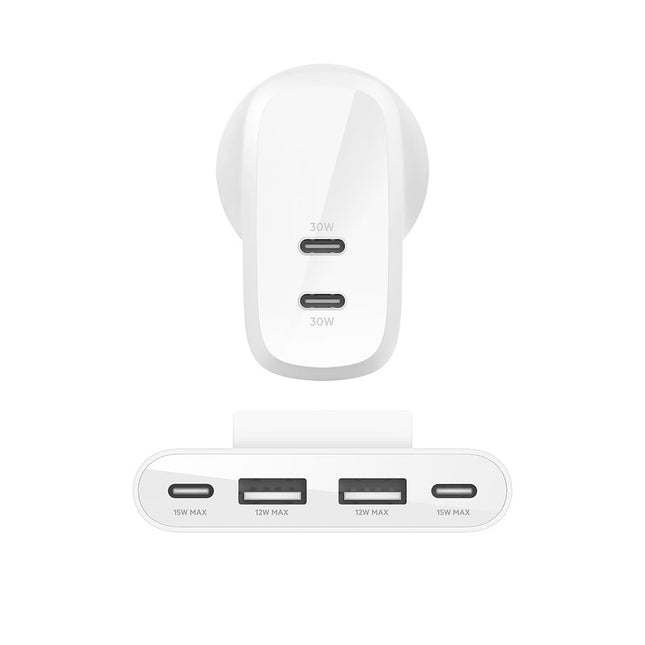 Belkin 60W (30W + 30W) Two Ports USB -C PPS Fast Charging Wall Charger,2M Extender with 4-Port (2 USB -C & 2 USB-A),Compatible with iPhone Series,Ipad,Galaxy S24,Google Pixel,2 Years Warranty,White (BRAND NEW/SEALED)