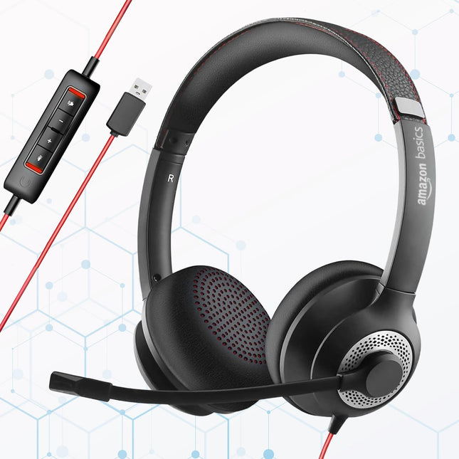 Amazon Basics Pro Series Wired USB On Ear Headset with Mic | 40 mm Driver | Computer/PC or Laptop Headphone | Noise Cancellation Microphone | in-line Control for Home, Office, Teams or Zoom, Black