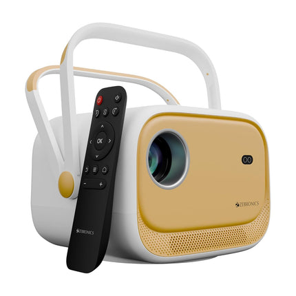 Zebronics Android Smart Projector, 1080p, 5200 Lumens, 200" Screen, 200° Tilt, Auto Focus, Auto Keystone, Auto Sensor Tech, BT, WiFi, App Support (Netflix, Prime, etc), Miracast (Pixaplay 34, Yellow)