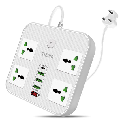 Tizum 3000W Power Converter, Fast Charging Extension Board/Cord with 4 Power Sockets, 1 QC/USB 3.1A, 1 PD Charger, 2 USB Ports, 2M Cord Length, Short Circuit Protection, 10Amp Power Outlet (White)
