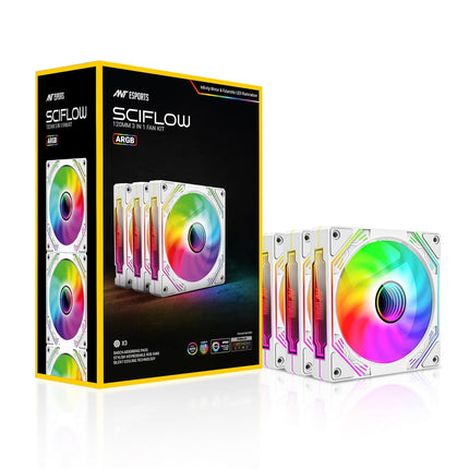 Ant Esports Sciflow 120mm 3 IN 1 ARGB Case Fan Kit - White, RGB Controller, Remote Controller, PWM Control, 1500 RPM, 65.4 CFM Airflow