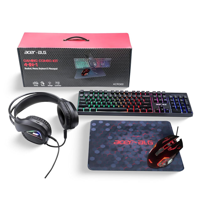 Acer 4 in 1 Wired Gaming Combo, 7 Color LED Backlit Keyboard, RGB Mouse (800/1600/2400/3200 DPI), Premium Gaming Headset (50mm Driver, 120dB) with Mixed Light Effect, Fabric Weave Mousepad (Black)