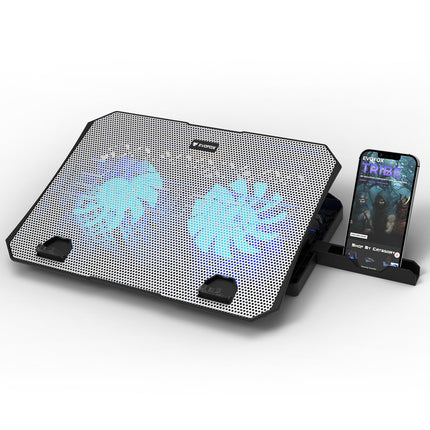 EvoFox Frost Laptop Cooling Pad with Phone Stand, 1000 RPM 2X Silent Fans, 5 Adjustable Angles, LED Lights, Durable Metal Mesh Surface, Ergonomic Stand for Laptops up to 15.6 inches
