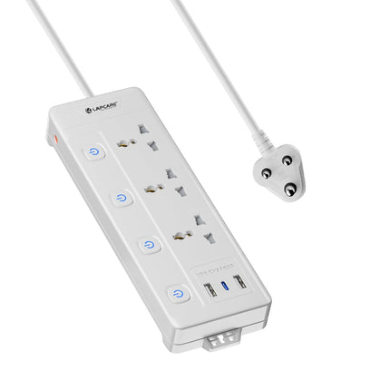 Lapcare Smart Surge Protector with Individual Switch, 250 Volts Extension Board, 3AC Socket 2500W, PD 20w & 2xUSB, 1.5M Copper Cord, Overload Protection, Safety Shutter, Durable PP Body