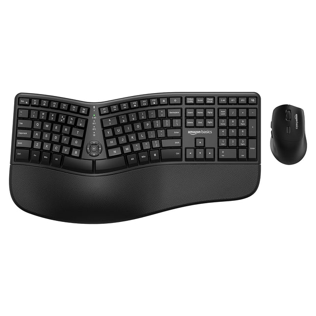 Amazon Basics Pro Series Wireless Ergonomic Keyboard with Mouse|2.4GHz & Bluetooth | Multi-Device Support | 12 Programmable Keys | Cushioned Wrist Rest | 48 Hr Playtime | PC,Laptop,Tablet Compatible