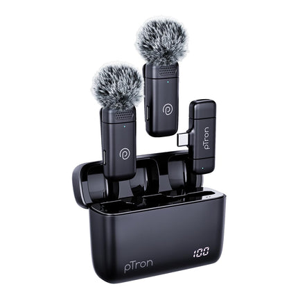 pTron KWM-2 Type C Wireless Microphone with Charging case w/Noise Cancellation, 48Hrs Battery, 20m Wireless Range, Collar Mic for DSLR/iPhone/Android, Vlog, Streaming/Zoom Meeting (Black)