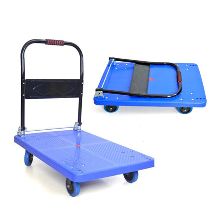 BonKaso 300Kg Heavy-Duty Foldable Platform Trolley | Plastic Hand Truck with 4 Wheels & Cushioned Grip Handle | Durable Material Cart for Home, Office, Warehouse & Industrial Use (90x60x86cm, Blue)