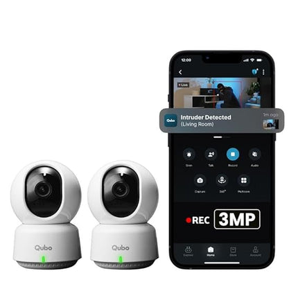 Qubo Smart 360° 3MP [2K] CCTV Camera | Wi-Fi Indoor Home Security Cam | AI Person Detection | Automatic Alarm | App Alerts | NightPulse Vision | SD & Cloud Storage | Made in India [Pack of 2]