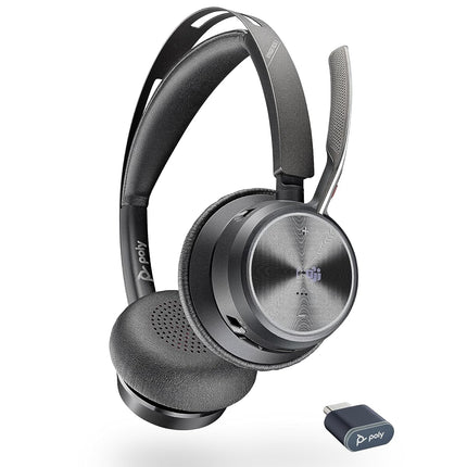 Poly (Plantronics) Voyager Focus 2 Wireless Headset, On-Ear w/Noise-canceling mic, ANC, 175 g, PC via BT700 Bluetooth Adapter/Smartphone via Bluetooth, Up to 25 Hours Talk time, Black-Grey, 8G113AA
