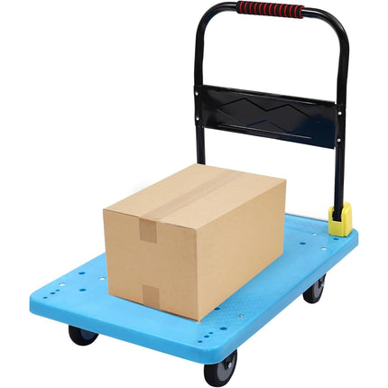 BonKaso 450Kg Heavy Duty Metal Platform Trolley | Foldable Hand Truck with 4 360° Rotating TPR Wheels & Cushioned Grip | Cart for Warehouse, Office & Home (91.5 x 58.3 cm) Blue