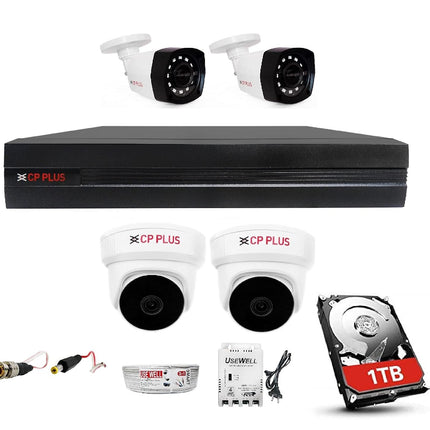CP Plus 4 Channal HD DVR 1080p 1Pcs,Outdoor Wired Camera 2.4 MP 2Pcs,Indoor Camera 2.4 MP 2Pcs,1 TB Hard Disk with USEWELL BNC/DC Full Combo Set - Unboxify