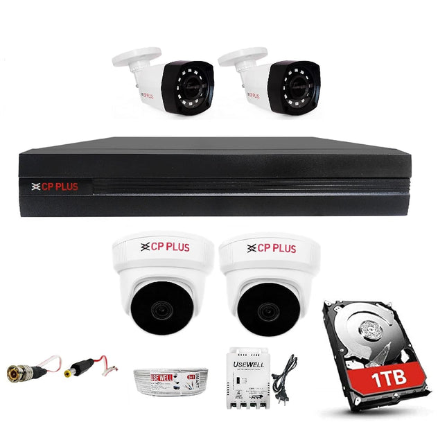 CP Plus 4 Channal HD DVR 1080p 1Pcs,Outdoor Wired Camera 2.4 MP 2Pcs,Indoor Camera 2.4 MP 2Pcs,1 TB Hard Disk with USEWELL BNC/DC Full Combo Set - Unboxify