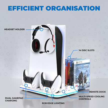 EvoFox Frostdock 5 PS5 Cooling Dock with Dual Controller Charging Station, 3 Speed Fan up to 3900 RPM, 14 Disc Storage, 19 Mode RGB Lighting, USB Port, Vertical Stand for PS5 Digital Disc Slim & Pro