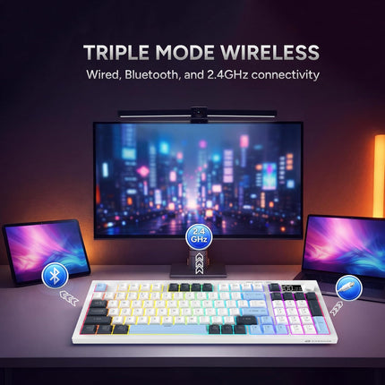 KARNAGE by EVM Visage 95 RGB Backlit Wireless Gaming Keyboard [95 Keys] Triple Mode BT 5.0, 2.4GHz & USB-C | Semi- Mechanical | Volume Knob & Display | 2000mAh | Win & Mac | 2 Yr Warranty | White Blue