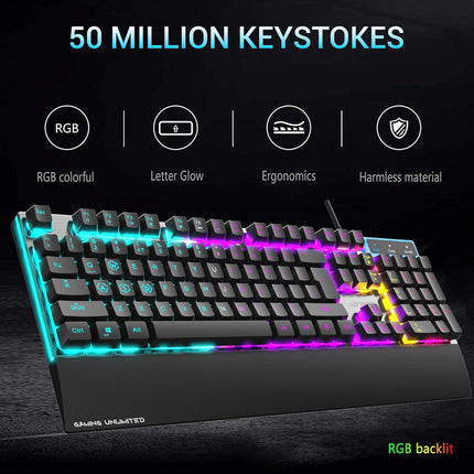 Ant Esports KM540 Gaming Keyboard and Mouse Combo,Rainbow Backlit LED Wired Keyboard with Wrist Rest,Programmable 7D OpticalMouse, 3600 DPI, Spill-Resistant, USB Plug & Play for PC, Laptop,Mac – Black