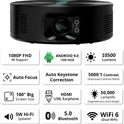 WZATCO Yuva Aura, Native 1080P, Auto Focus & Keystone, 4K Support, 10500 Lumens, 180" Screen | Android 9.0 with Netflix, Prime etc | WiFi 6 & BT | Dust Proof | HDMI ARC, Black
