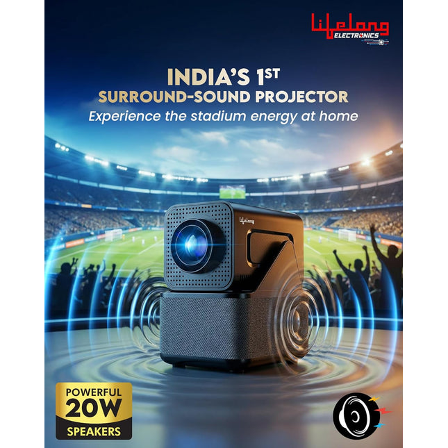 Lifelong Electronics ROAR Projector with 2 Mics | Booming 20W Speakers | Cricket Commentary, Karaoke Party & Room Cinema | 1080P & 4K Ultra HD Support | All Android OTT Apps | Ultra Bright 150” Screen