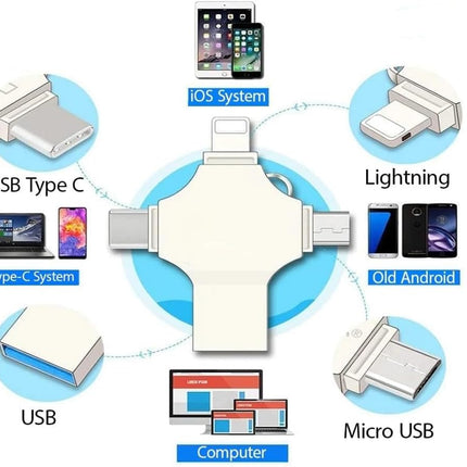 TECHNOVIEW Flash Drive 128GB 4 in 1 Pendrive with Light-ning, Micro USB, USB A, Type-C Interface Mini Hangable Pen Drive for iOS & Android Compatible with Phone, Pad, Android, PC and More Devices