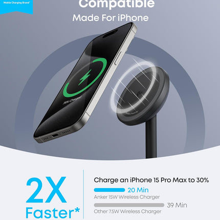 Anker MagGo Wireless Charger, 15W Fast Charging MagSafe Charger Compatible Wireless Charger Stand with USB-C Cable, Qi2 Wireless Charger, for iPhone 16/15/14/13 Series and AirPods (No AC Adapter)