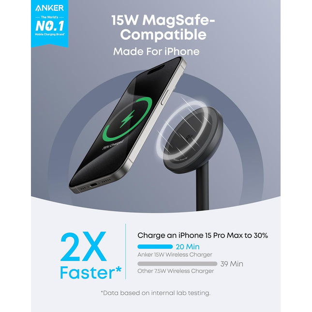 Anker MagGo Wireless Charger, 15W Fast Charging MagSafe Charger Compatible Wireless Charger Stand with USB-C Cable, Qi2 Wireless Charger, for iPhone 16/15/14/13 Series and AirPods (No AC Adapter)