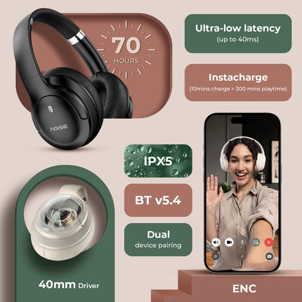 Noise Airwave Max 4 Wireless Over Ear Headphones with 70H Playtime, ENC, 40mm Driver, Low Latency(up to 40ms), Dual Pairing, BT v5.4 (Calm Beige) (AUD-HDPHN-4-BEIGE)