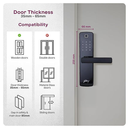 Godrej Smart Lock I Catus Connect I Digital Lock for Wooden Door |5 in 1 Access IWiFi I Fingerprint I RFID Card I PIN Access I Mechanical KeyI 3 Dead Bolts I Black I 3 Yrs Warranty| Free Installation - Unboxify