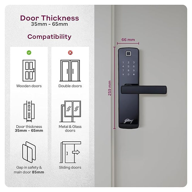 Godrej Smart Lock I Catus Connect I Digital Lock for Wooden Door |5 in 1 Access IWiFi I Fingerprint I RFID Card I PIN Access I Mechanical KeyI 3 Dead Bolts I Black I 3 Yrs Warranty| Free Installation - Unboxify