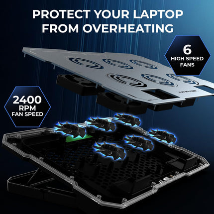 EvoFox Typhoon 2 Laptop Cooling Pad | 6 High-Speed Fans, RGB Lights, Adjustable Stand & Dual USB Ports, Premium Metal Laptop Cooler Pad for Gaming Laptops, Quiet Operation & Ergonomic Design (Blue)