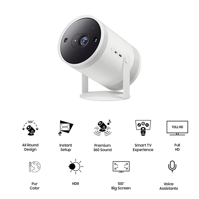 Samsung The Freestyle 2nd Gen Portable Compact Smart LED Projector with FHD Resolution, 100" Maximum Display, 550 LED Lumen, Inbuilt 5w Speaker, Wi-Fi, Bluetooth & HDMI (SP-LFF3CLAXXXL, White)