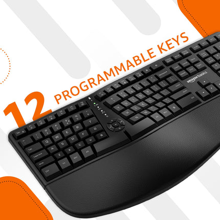 Amazon Basics Pro Series Wireless Ergonomic Keyboard with Mouse|2.4GHz & Bluetooth | Multi-Device Support | 12 Programmable Keys | Cushioned Wrist Rest | 48 Hr Playtime | PC,Laptop,Tablet Compatible