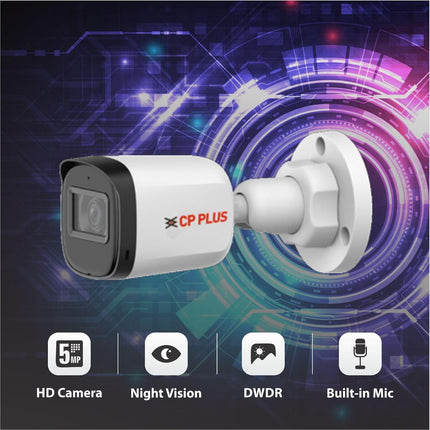 CP PLUS 5MP Outdoor Bullet CCTV Camera | 3.6mm Fixed Lens | Smart IR Night Vision 30M | Built-in Mic | 2D DNR | BLC | Analog 4-in-1 AHD/TVI/CVI/CVBS Output | HD Surveillance Camera | CP-URC-TC51PL3C