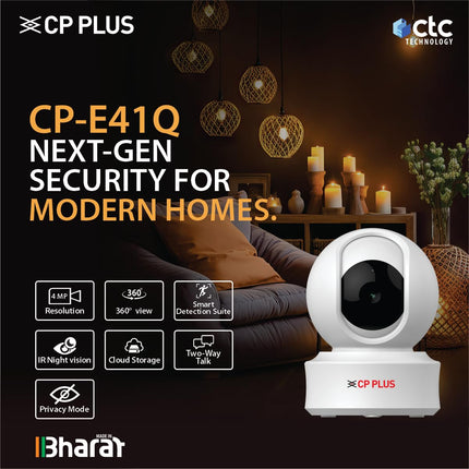 CP PLUS 4MP Quad HD Smart Wi-Fi CCTV Camera for Home | 360° Pan & Tilt | CTC Cyber Secure Tech | Supports LAN | View & Talk | Smart Detection Suite | Night Vision | Cloud Storage | OK Google | CP-E41Q - Unboxify
