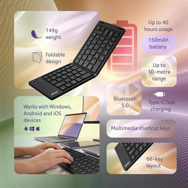 Acer MiniFold Foldable Bluetooth Keyboard, Ultra Portable 66-Key Wireless Keyboard, Bluetooth 5.0, Rechargeable Battery, Type-C Charging, 150mAh Battery, for Windows, Android, iOS, Tablets & Laptops