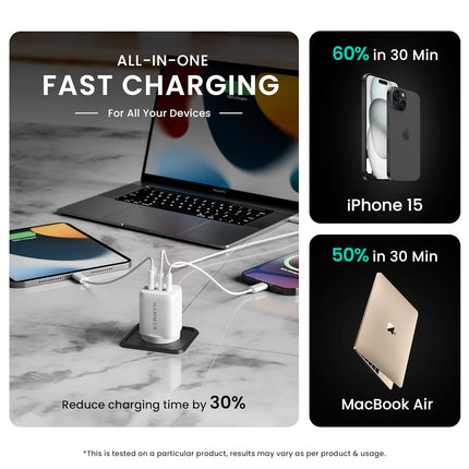 Hammer 65W GaN Charger Type C, Triple Port USB C Fast Charger Adapter for iPhone 17–12, Samsung S25–S23, MacBook, iPad, Mobile Charger C Type Fast Charging, Compact 65 Watt Charger with C Type Cable