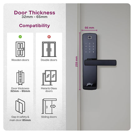 Godrej Smart Lock I Catus Touch Plus I Digital Lock for Wooden Door I 4in1 Access I Fingerprint | RFID I PIN Access I Mechanical Key I 3 Dead Bolts