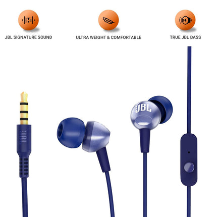 JBL C200SI, Premium in Ear Wired Earphones with Mic, Signature Sound, One Button Multi-Function Remote, Premium Metallic Finish, Angled Earbuds for Comfort fit (Blue)