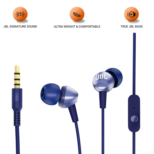 JBL C200SI, Premium in Ear Wired Earphones with Mic, Signature Sound, One Button Multi-Function Remote, Premium Metallic Finish, Angled Earbuds for Comfort fit (Blue)