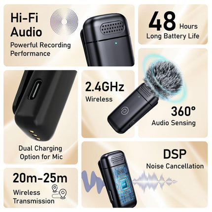 pTron KWM-2 Type C Wireless Microphone with Charging case w/Noise Cancellation, 48Hrs Battery, 20m Wireless Range, Collar Mic for DSLR/iPhone/Android, Vlog, Streaming/Zoom Meeting (Black)