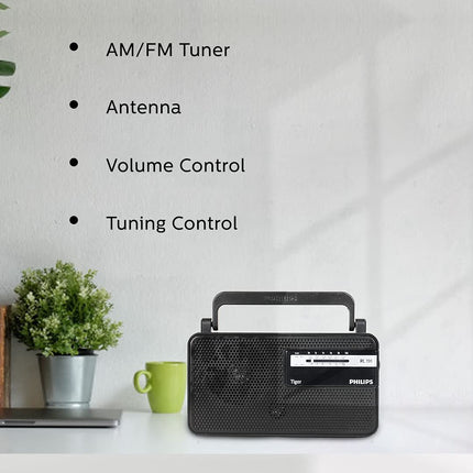 Philips Portable Radio RL191/94 with MW/FM Bands, 180mW RMS Sound Output, Telescopic Antenna, Battery & DC Powered (2xR20/3V DC), Compact & Portable Design (Black)