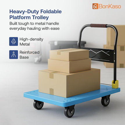 BonKaso 450Kg Heavy Duty Metal Platform Trolley | Foldable Hand Truck with 4 360° Rotating TPR Wheels & Cushioned Grip | Cart for Warehouse, Office & Home (91.5 x 58.3 cm) Blue
