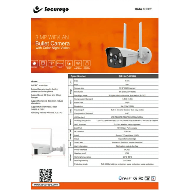 Secureye 4G 3MP Bullet Camera