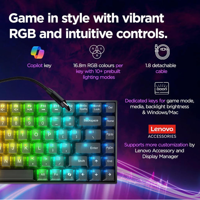 Lenovo Legion K510 Mini Pro Gaming Keyboard, 16.8 Million Colors RGB Per Key, Programmable |100% Anti Ghosting Mechanical switches |Customizable| USB 2.0 Interface |3 Yr Warranty | Black + Traslusent
