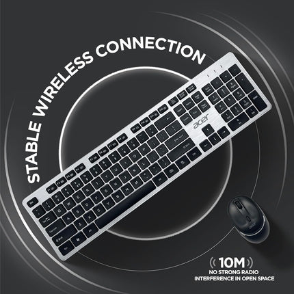Acer Fusion Wireless Keyboard and Mouse Combo, Durable Stylish Design, 2.4GHz Nano Receiver, 10m Range, Indian Rupee Key, Adjustable DPI (800/1200/1600), Compatible with Windows & Mac (Black & Silver) - Unboxify
