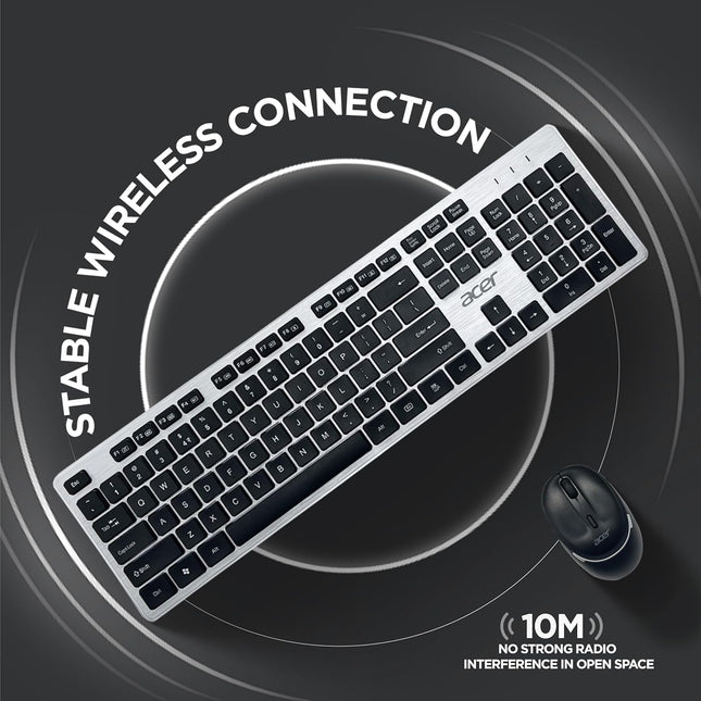 Acer Fusion Wireless Keyboard and Mouse Combo, Durable Stylish Design, 2.4GHz Nano Receiver, 10m Range, Indian Rupee Key, Adjustable DPI (800/1200/1600), Compatible with Windows & Mac (Black & Silver) - Unboxify