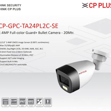 CP Plus 2.4MP Full-Colour Guard+ Wireless Bullet Camera Support Built-in Mic (CP-GPC-TA24PL2C-SE) Analog HD Cameras
